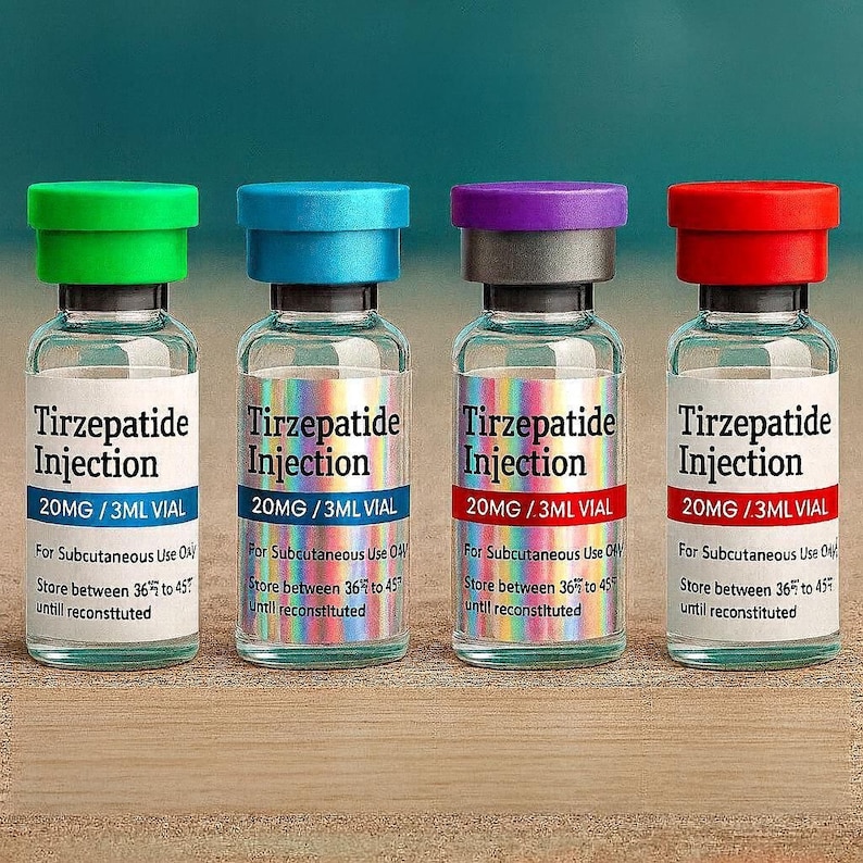 Four identical glass vials containing different types of medication, labeled as "Tirzepatide Injection".