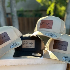 Mr Mrs Trucker Hat | Custom Hat | Logo Hat | Bridal Party Hat | Wedding day Hat | Personalized Mr Mrs Hat| Leatherette Patch | Trucker Hat image 6