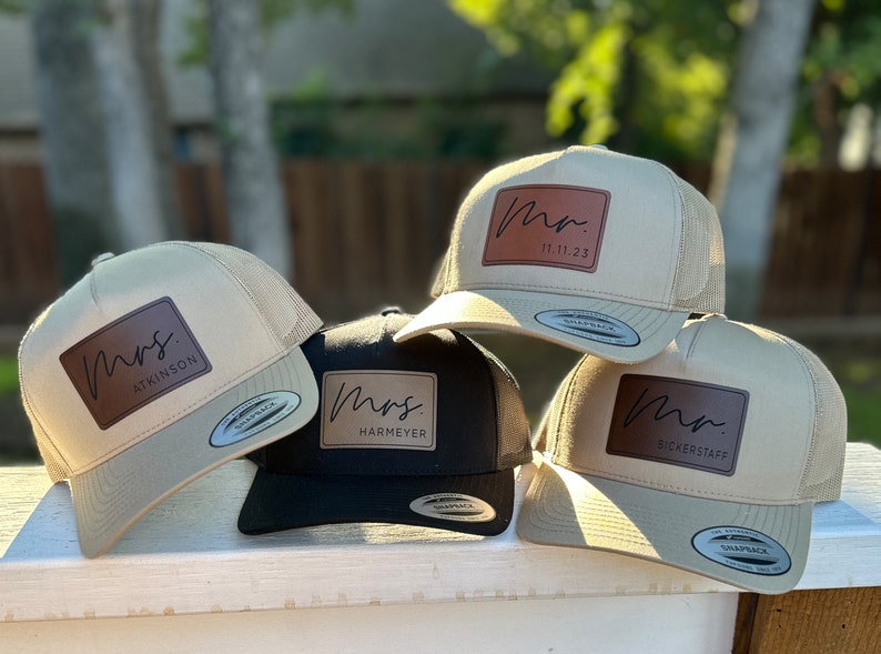 Mr Mrs Trucker Hat | Custom Hat | Logo Hat | Bridal Party Hat | Wedding day Hat | Personalized Mr Mrs Hat| Leatherette Patch | Trucker Hat image 6