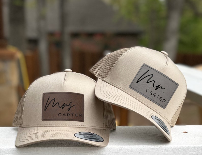 Mr Mrs Trucker Hat | Custom Hat | Logo Hat | Bridal Party Hat | Wedding day Hat | Personalized Mr Mrs Hat| Leatherette Patch | Trucker Hat image 1