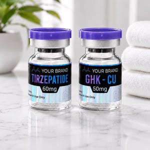 May include: Two clear glass vials with purple caps. The left vial label reads YOUR BRAND TIRZEPATIDE 60mg Purity Research Use Only. The right vial label reads YOUR BRAND GHK-CU 50mg Purity Research Use Only. Both labels feature a holographic accent.