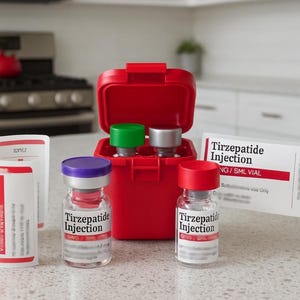 a red plastic container with a red lid, containing two small glass bottles with purple and red caps, and a white card with red and black text.