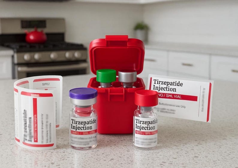 a red plastic container with a red lid, containing two small glass bottles with purple and red caps, and a white card with red and black text.