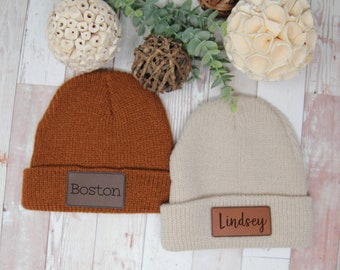 Infant Beanie with Name| Newborn baby Beanie | Kid Knit Hat | Leather Patch Beanies | Personalized Toddler Hat | Child Hat with Name |Custom