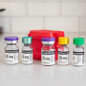 May include: Five small glass vials with colored caps, labeled with medication names and dosages. The vials have purple, teal, purple, yellow, and green caps. A red container is behind the vials. The vials are on a white surface.