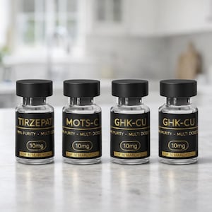 May include: Four small glass vials with black caps and labels. The labels read "Tirzepat", "MOTS-C", and "GHK-CU". Each vial has a gold border and text, including "10mg" and "For Research Only".