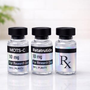 May include: Three clear glass vials with black caps. The vials have labels with the text "MOTS-C 10 mg", "Retatrutide 10 mg", and "Rx". The labels also include "For Research Only" and "99% Purity".