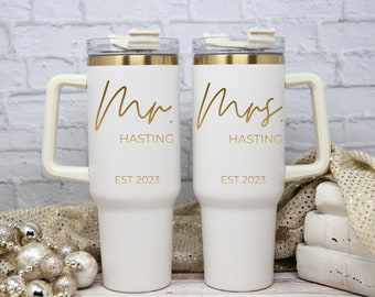 Personalized Mr or Mrs Tumbler | 40oz Copper Cup with Handle | GOLD Custom Mug with Lid & Straw | Gift for Him Her | Dupe | Bride Groom Gift