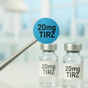 May include: Two clear glass vials with silver caps and white labels that read "20mg TIRZ" are displayed on a white surface. A blue circle with the text "20mg TIRZ" is held by a silver rod in the foreground.