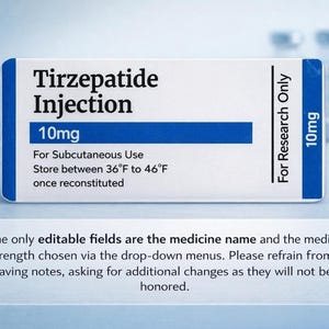 a label for a medication called tirzepatide injection, which is a 10mg dose for subcutaneous use. The label indicates that the medicine is only editable in the fields of the medicine name and the medicine strength chosen via the drop-down menus. It advises that the medicine should not be left in the note, asking for additional changes as they will not be honored.