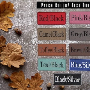 May include: A chart showing different color combinations for patches. The options are: Red/Black, Pink/Black, Camel/Black, Grey/Black, Toffee/Black, Brown/Black, Teal/Black, Blue/Silver, and Black/Silver.