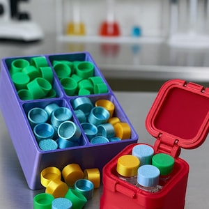 May include: A purple divided container and a red container hold various colored laboratory vial caps. The caps are green, blue, and yellow. The containers sit on a metallic surface, with lab equipment in the background.