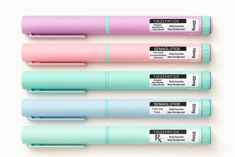 May include: A selection of pastel-coloured multi-dose pens in shades of pink, purple, blue, and green. Each pen features a label with text, including the medication name and dosage details. These pens are designed for medical use.