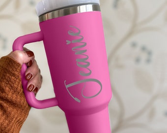 Personalized 40oz Tumbler with Handle | Custom Pink Tumbler | Engraved Insulated Tumbler | Personalized Gift | Holiday Tumbler |Gift for Her