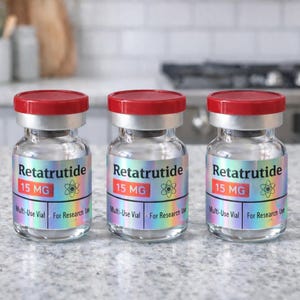 May include: Three glass vials with red caps and iridescent labels. Each vial is labeled "Retatrutide 15 MG" with additional text. The vials are arranged on a light-colored countertop, suggesting a medical or scientific context.