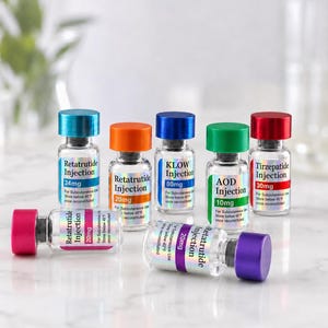 May include: Seven clear glass vials with colored caps and labels. Labels read Retatrutide Injection 24mg, 20mg, KLOW Injection 80mg, AOD Injection 10mg, and Tirzepatide Injection 30mg. Each label includes the text For Subcutaneous Use Store below 45°F.