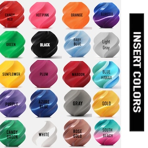 May include: A grid of colorful, spiraled objects, each labeled with a different color name. Colors include Candy Red, Hot Pink, Orange, Aurora, Green, Black, Baby Blue, Light Gray, Sunflower, Plum, Maroon, Blue Hawaii, Purple, Azure Blue, Gray, Gold, Candy Green, White, Rose Gold, and South Beach.
