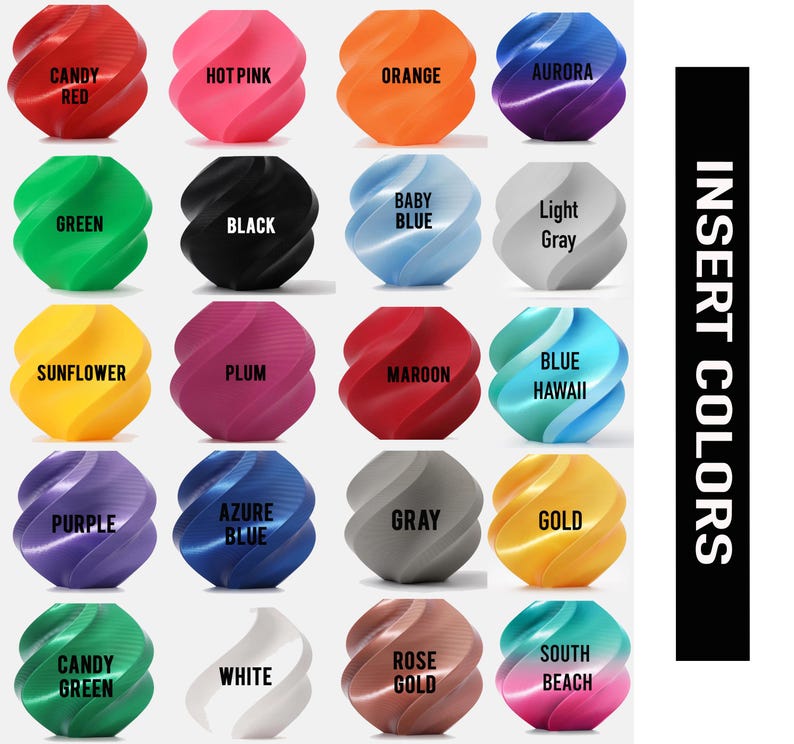 May include: A grid of colorful, spiraled objects, each labeled with a different color name. Colors include Candy Red, Hot Pink, Orange, Aurora, Green, Black, Baby Blue, Light Gray, Sunflower, Plum, Maroon, Blue Hawaii, Purple, Azure Blue, Gray, Gold, Candy Green, White, Rose Gold, and South Beach.