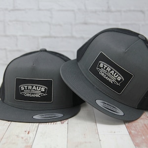 Trucker Hat | Custom Logo Hat | Hat with Patch | Charcoal Flat Bill Hat with Patch | Flat Bill Trucker Cap | Leatherette Patch Trucker Hat