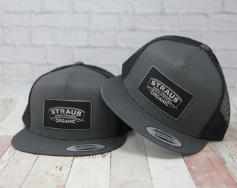 Trucker Hat | Custom Logo Hat | Hat with Patch | Charcoal Flat Bill Hat with Patch | Flat Bill Trucker Cap | Leatherette Patch Trucker Hat