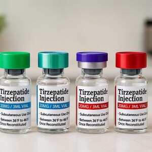 four identical glass vials with labels indicating they contain 20mg of medication, arranged in a row on a countertop.