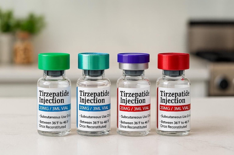 four identical glass vials with labels indicating they contain 20mg of medication, arranged in a row on a countertop.