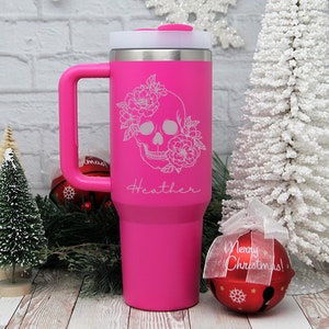 Pink Skull Tumbler | 40oz Tumbler with Handle & Straw | SkullTravel Mug | Insulated Tumbler |Scary Tumbler | Floral Skull | Skeleton Tumbler