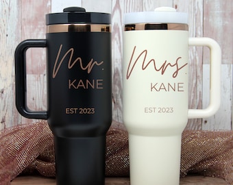 Personalized Mr or Mrs Tumbler | 40oz Dupe Travel mug || Copper Tumbler with Lid & Straw | Anniversary | Gift for Her | Bride Groom Gift