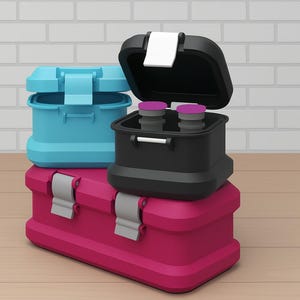 May include: Three colorful storage containers stacked on top of each other. The bottom container is magenta, the middle one is black with an open lid, and the top one is light blue. The black container holds two small purple-lidded containers.