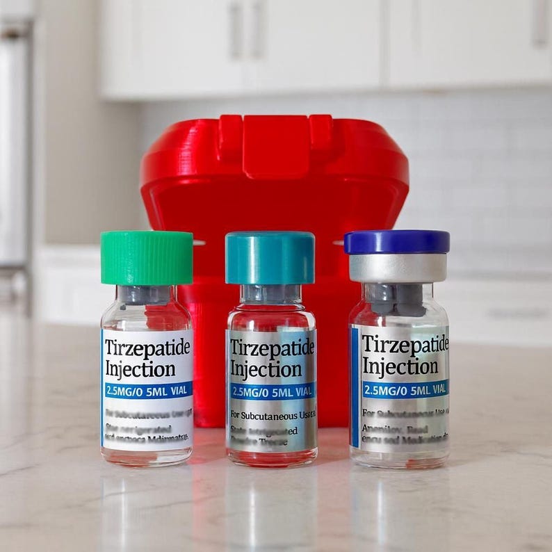 Three small glass vials with blue and green caps, labeled as "Tirzepatide Injection" and "2.5MG/G 5mL IV" respectively, are placed on a white countertop in front of a red plastic container.