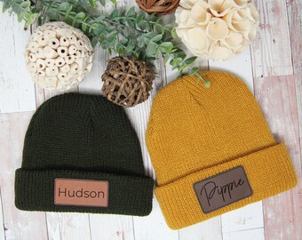 Personalized Beanie | Custom Name Knit Hat | Child Youth Beanie | Toddler Kids Winter Hat  Youth Name Beanie Cap | Leather Patch Beanie