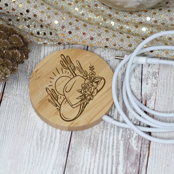 Personalized Wooden Magnetic Charger | Stocking Stuffer Gift | Cactus Magnetic Charger | Magnetic Charging Pad | Highland Cow Phone Charger