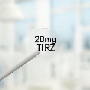 May include: A clear, circular sticker with the text "20mg TIRZ" in black. The sticker is held by a white, cylindrical object against a blurred, light blue and white background. The sticker's text is centered.