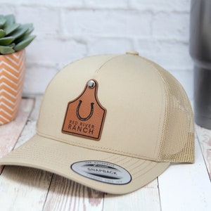 Custom Ear Tag Hat | Trucker Leather Patch Hat | Cattle Tag Logo | Personalized Cattle Tag Hat |  Leatherette Hat Patch | Beige Trucker Hat