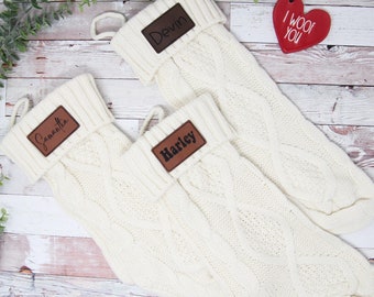 Christmas Stockings With Name | Christmas Leather Patch Stocking | Family Christmas Stockings | Holiday Stockings | Knit Christmas Stockings