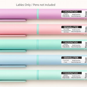 May include: A selection of pastel-coloured medical pen labels, including pink, purple, blue, and green. Each label displays text detailing medication type, dosage, and other details. Pens are not included in the image.
