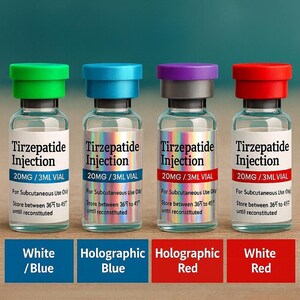 four identical glass bottles with labels for different colored lids, arranged in a row.