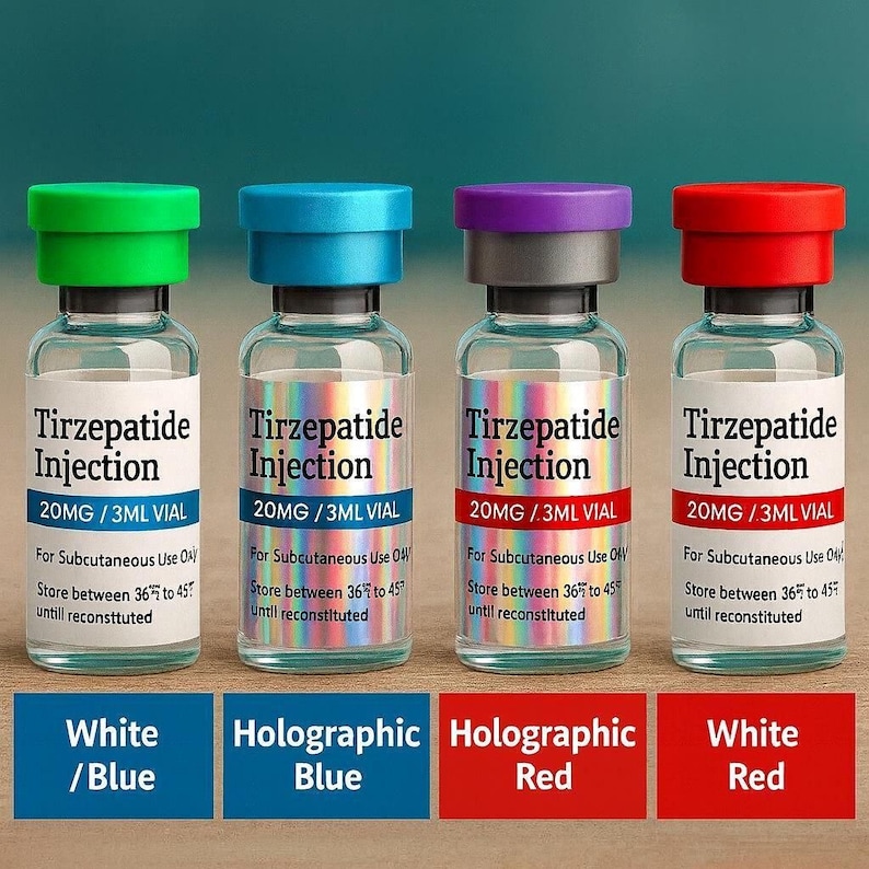four identical glass bottles with labels for different colored lids, arranged in a row.