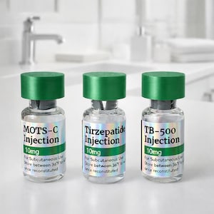 May include: Three glass vials with green caps labeled "MOTS-C Injection," "Tirzepatide Injection," and "TB-500 Injection." Each vial has a 10mg label and instructions for subcutaneous use, with storage instructions between 36°F to 40°F.