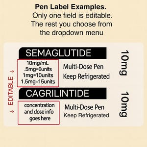 May include: A pen label example with the text "Pen Label Examples. Only one field is editable. The rest you choose from the dropdown menu." The label shows details for Semaglutide and Cagrilintide, including dosage information.