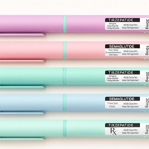 May include: A selection of pastel-coloured multi-dose pens in shades of pink, purple, blue, and green. Each pen features a label with text, including the medication name and dosage details. These pens are designed for medical use.