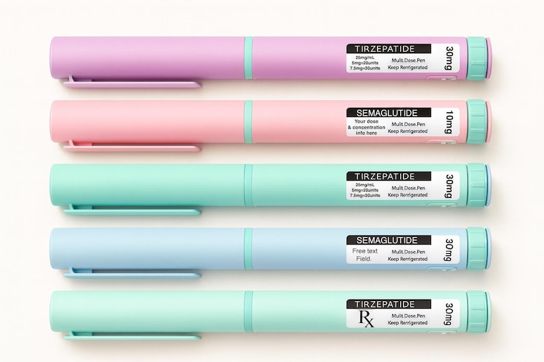 May include: A selection of pastel-coloured multi-dose pens in shades of pink, purple, blue, and green. Each pen features a label with text, including the medication name and dosage details. These pens are designed for medical use.