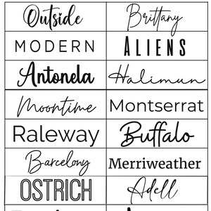 May include: A chart of different font styles, including Outside, Brittany, Modern, Aliens, Antonela, Halimun, Moontime, Montserrat, Raleway, Buffalo, Barcelony, Merriweather, Ostrich, Adell, Juniper, and Lemon.