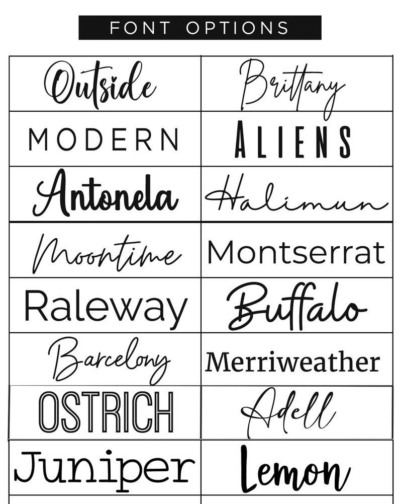 May include: A chart of different font styles, including Outside, Brittany, Modern, Aliens, Antonela, Halimun, Moontime, Montserrat, Raleway, Buffalo, Barcelony, Merriweather, Ostrich, Adell, Juniper, and Lemon.