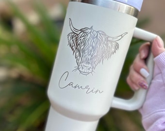Personalized Highland Cow tumbler | 40 oz tumbler with handle | Western Tumbler | Tumbler Dupe | Rancher Tumbler | Lid and Straw
