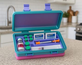 May include: An open, multi-colored medical kit with a teal top and base, a purple interior, and a pink bottom. The kit contains vials, syringes, and Easy Comfort packets. The kit is on a speckled countertop.