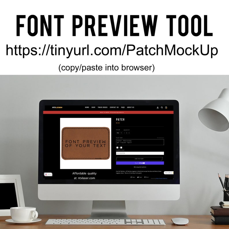 May include: A computer screen displaying a website with a mock-up of a brown leather patch. The patch has the text "FONT PREVIEW OF YOUR TEXT" on it. The website is titled "PATCH" and has a form to customize the patch.