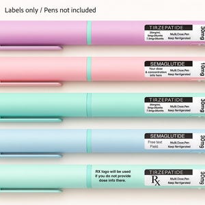 May include: Five coloured medical pens, including pink, purple, blue, and green. Each pen has a label with medication and dosage details. The text "Labels only / Pens not included" is at the top of the image.