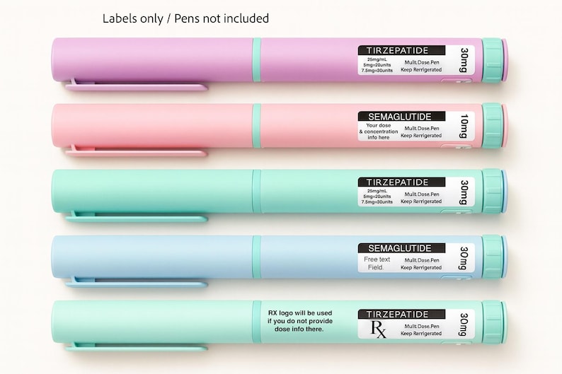 May include: Five coloured medical pens, including pink, purple, blue, and green. Each pen has a label with medication and dosage details. The text "Labels only / Pens not included" is at the top of the image.