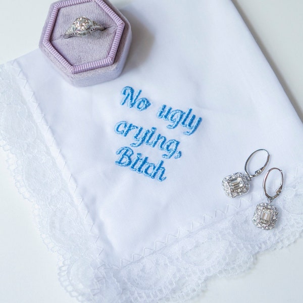 geen lelijke huilende zakdoekvrouwen, aangepaste zakdoekbruiloft, kanten zakdoek, iets blauws voor bruid van zus cadeau van beste bruid
